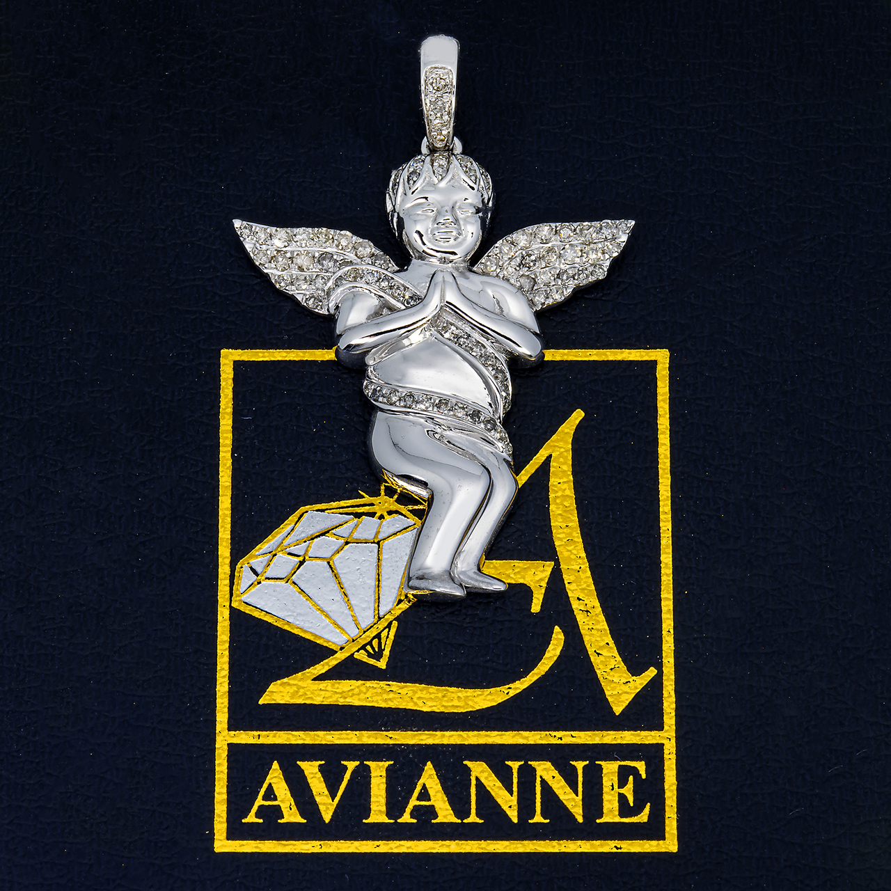 14k white gold diamond angel pendant