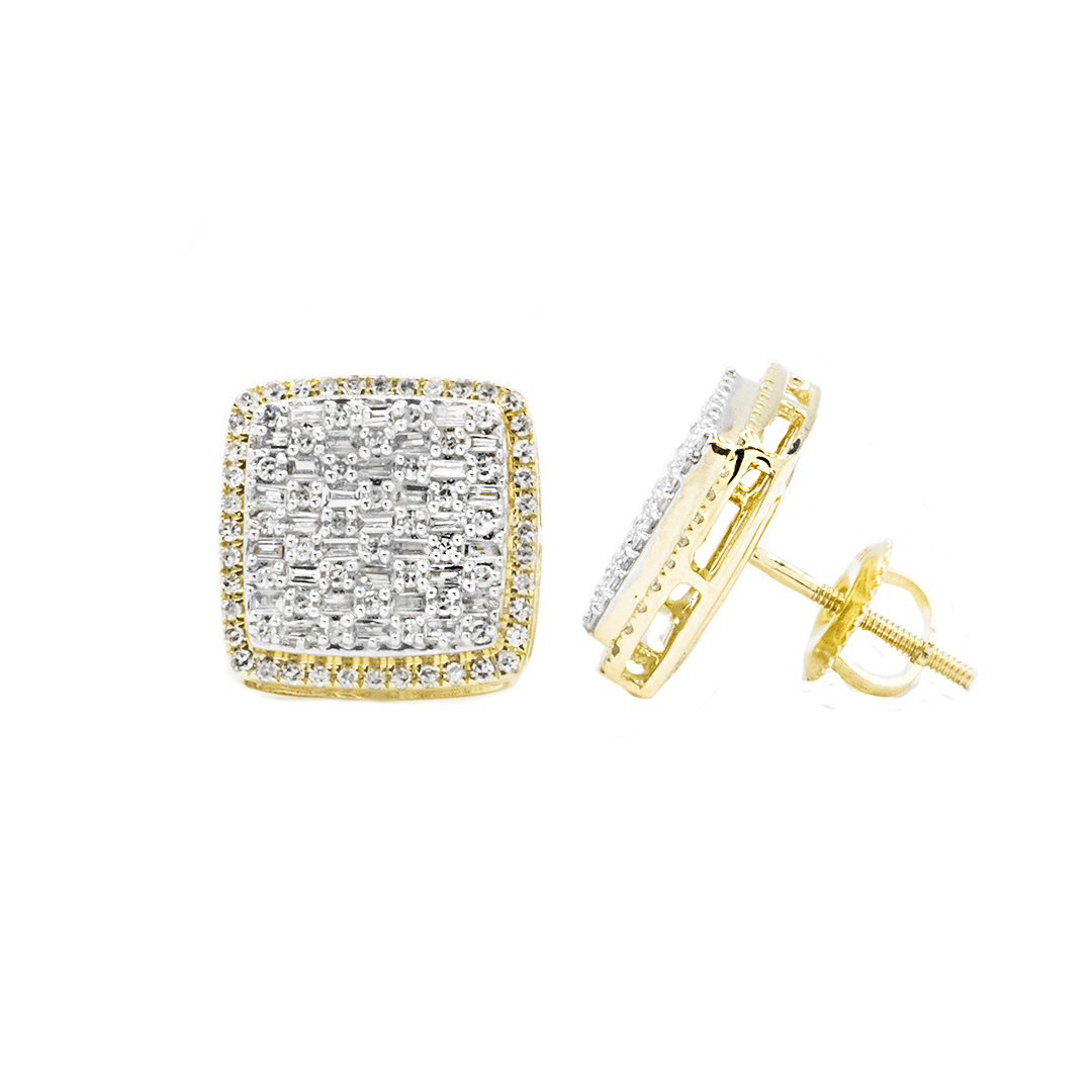 14k yellow gold baguette diamond square stud earrings