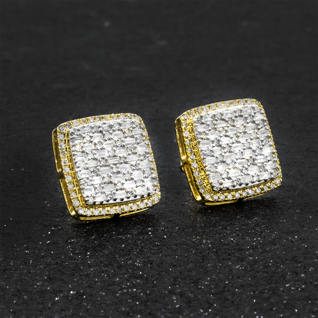 14k yellow gold baguette diamond square stud earrings