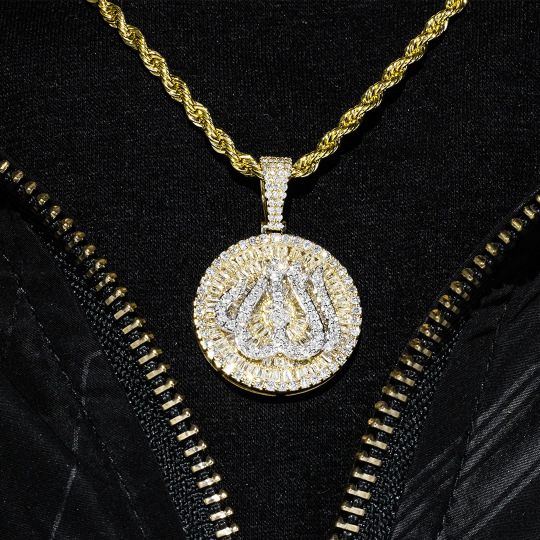 14k yellow gold diamond baguette allah pendant