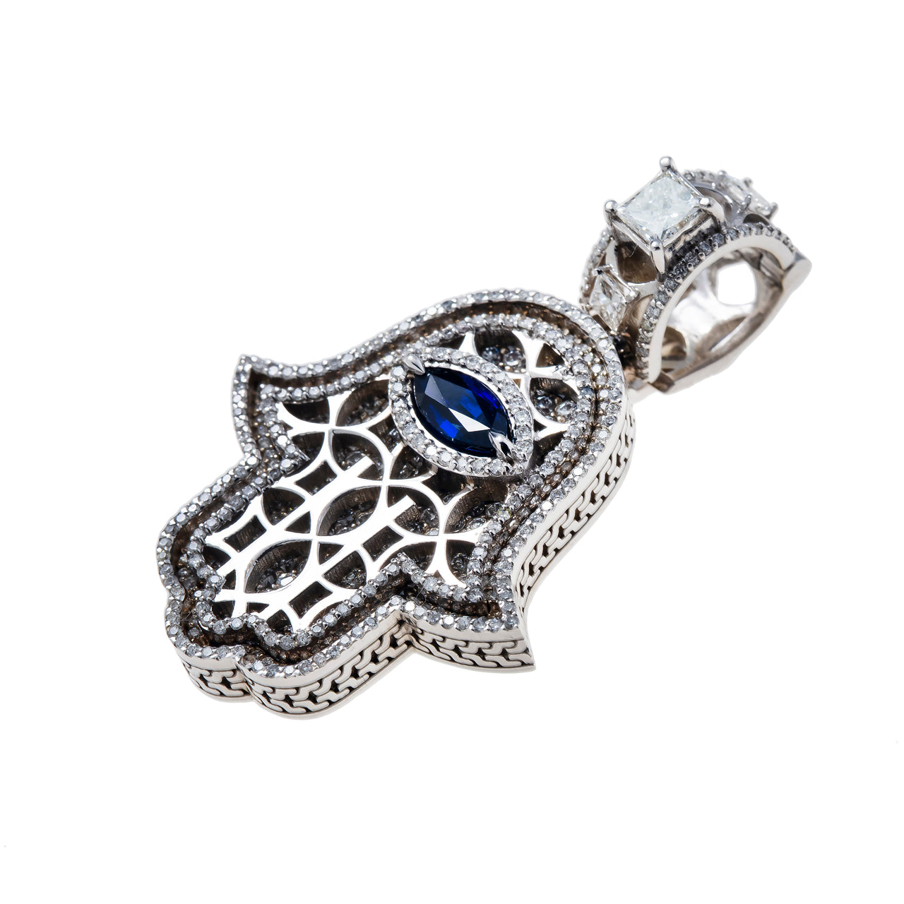 White 14k White Gold Diamond Hamsa Pendant 3.5 Ctw