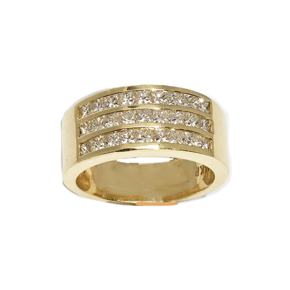 Yellow Gold / 7 14K Three Row Princess Cut Yellow Gold Mens Diamond Pinky Ring 1.55 Ctw