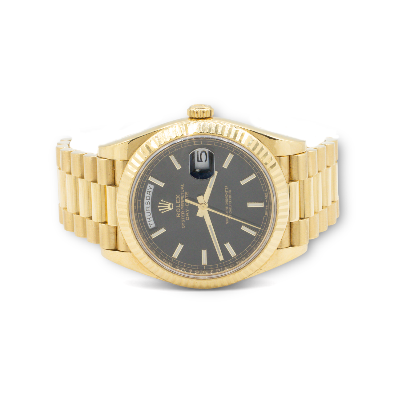 Rolex Day-Date 40 Yellow Gold Black Diagonal Motif Index Dial 40Mm Watch 228238