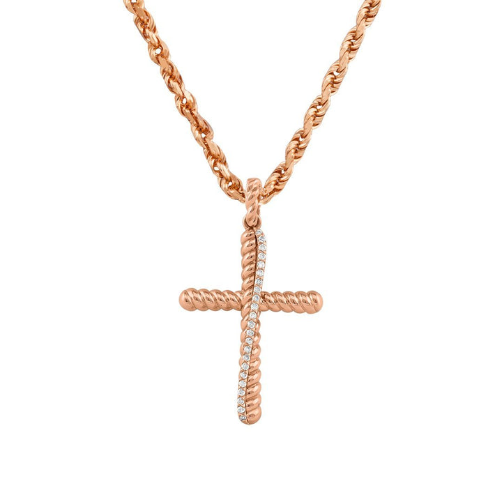 14k Rose Gold Diamond Cross Pendant with Silver Rope Chain 18