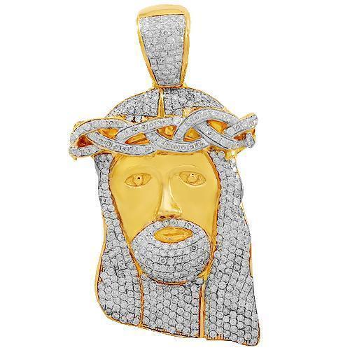 14K Solid Yellow Gold Mens Diamond Jesus Head Pendant 14.25 Ctw ...