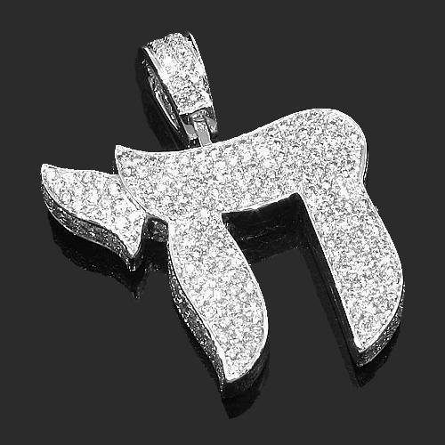 14K White Solid Gold Double Sided Diamond Chai Pendant 6.00 Ctw