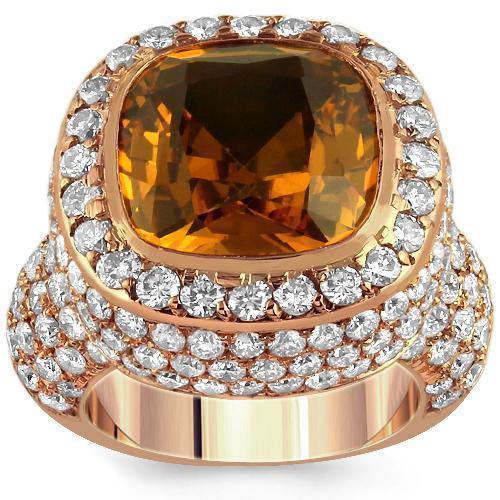 14K Rose Solid Gold Diamond Mens Cognac Citrine Ring 4.70 Ctw