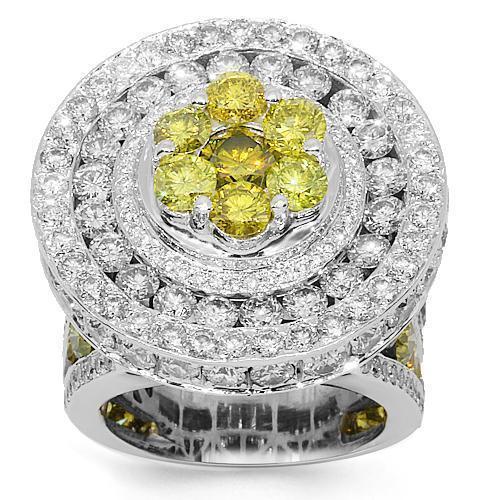 14K White Solid Gold Mens Diamond Custom Pinky Ring with Yellow Diamonds 15.68 Ctw