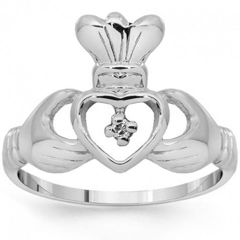 14K Yellow or White Gold Diamond Heart Claddagh Ring
