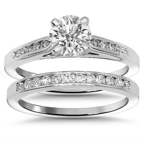 18K White Solid Gold Diamond Bridal Ring Set 1.24 Ctw