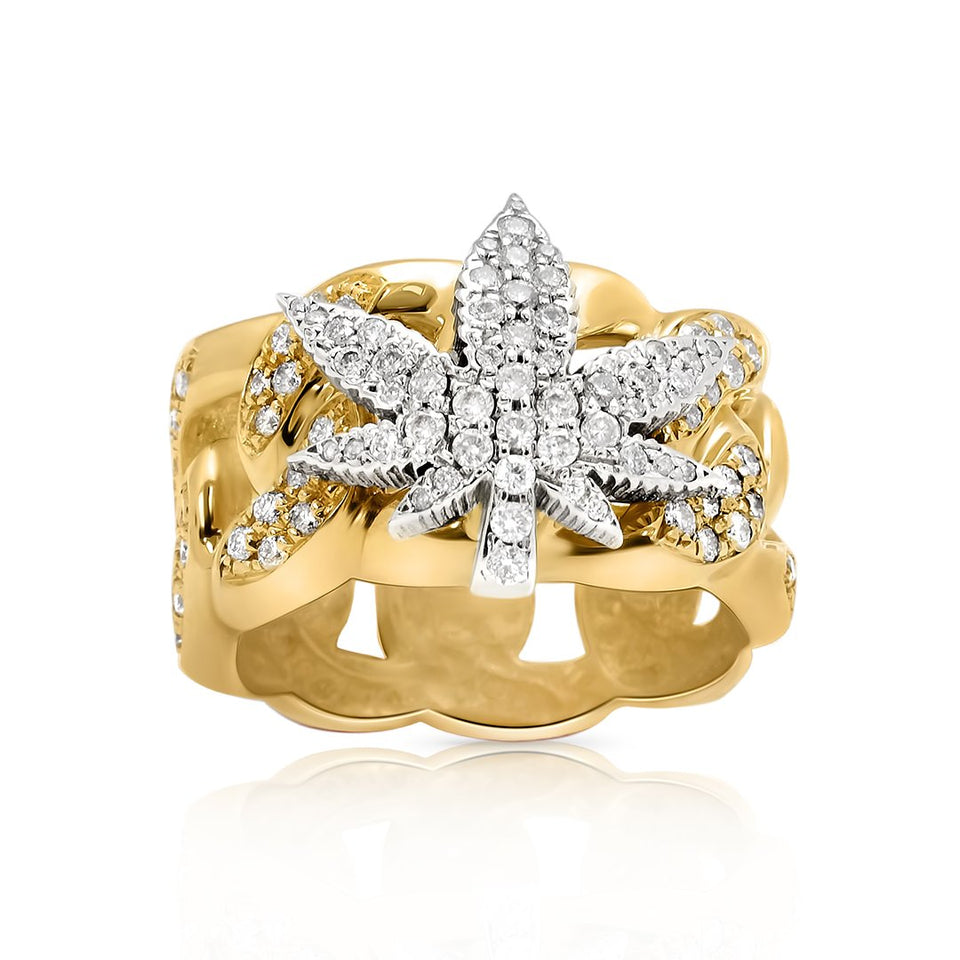 14k Yellow Gold Diamond Cuban Weed Ring 1.5 Ctw